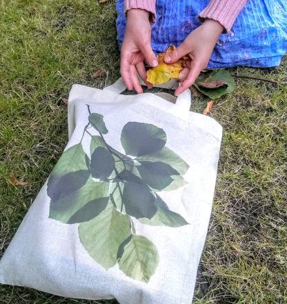 Image of girl putting leaves in a mini tote featuring a beech leaves design