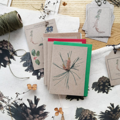 Winter botanicals gift wrap set including eco-friendly note cards, gift tags, gift bags featuring winter botanicals
