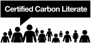 Black and white logo featuring text 'Certified Carbon Literate' above a group of abstract icons of people