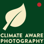 Square logo featuring text 'Climate Aware Photography' and an abstract image of a cream coloured leaf on a green background